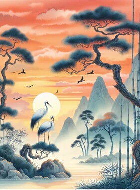 中式松鹤延年可移除墙贴