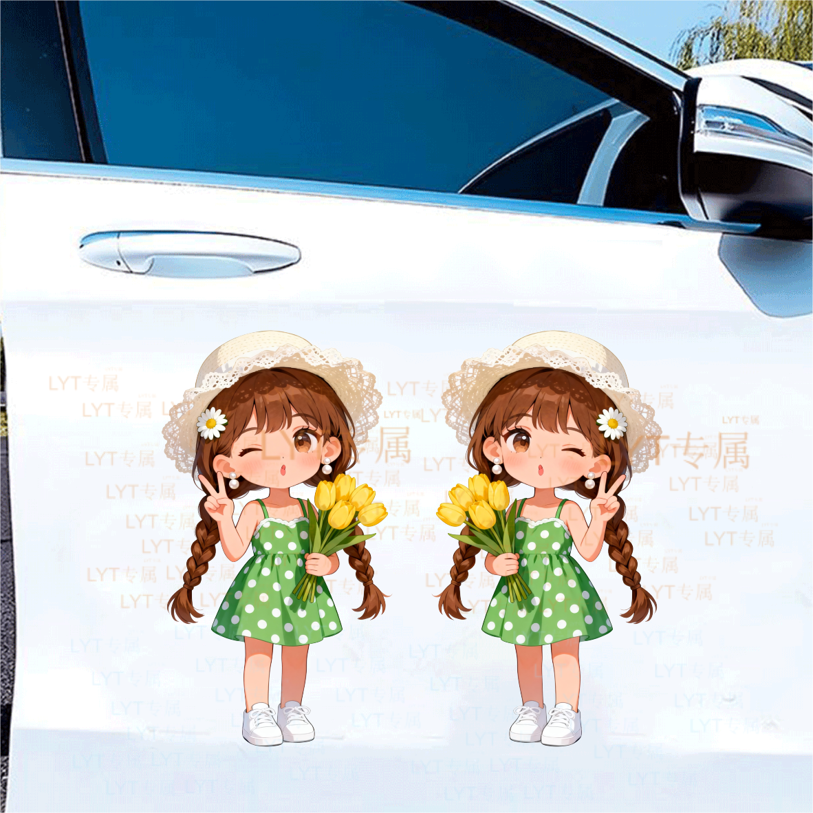 卡通女孩绿色波点连衣裙车贴