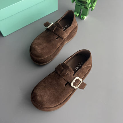 T31厚底慵懒复古风棕色磨砂皮搭扣小皮鞋一脚蹬博肯鞋温柔又时髦