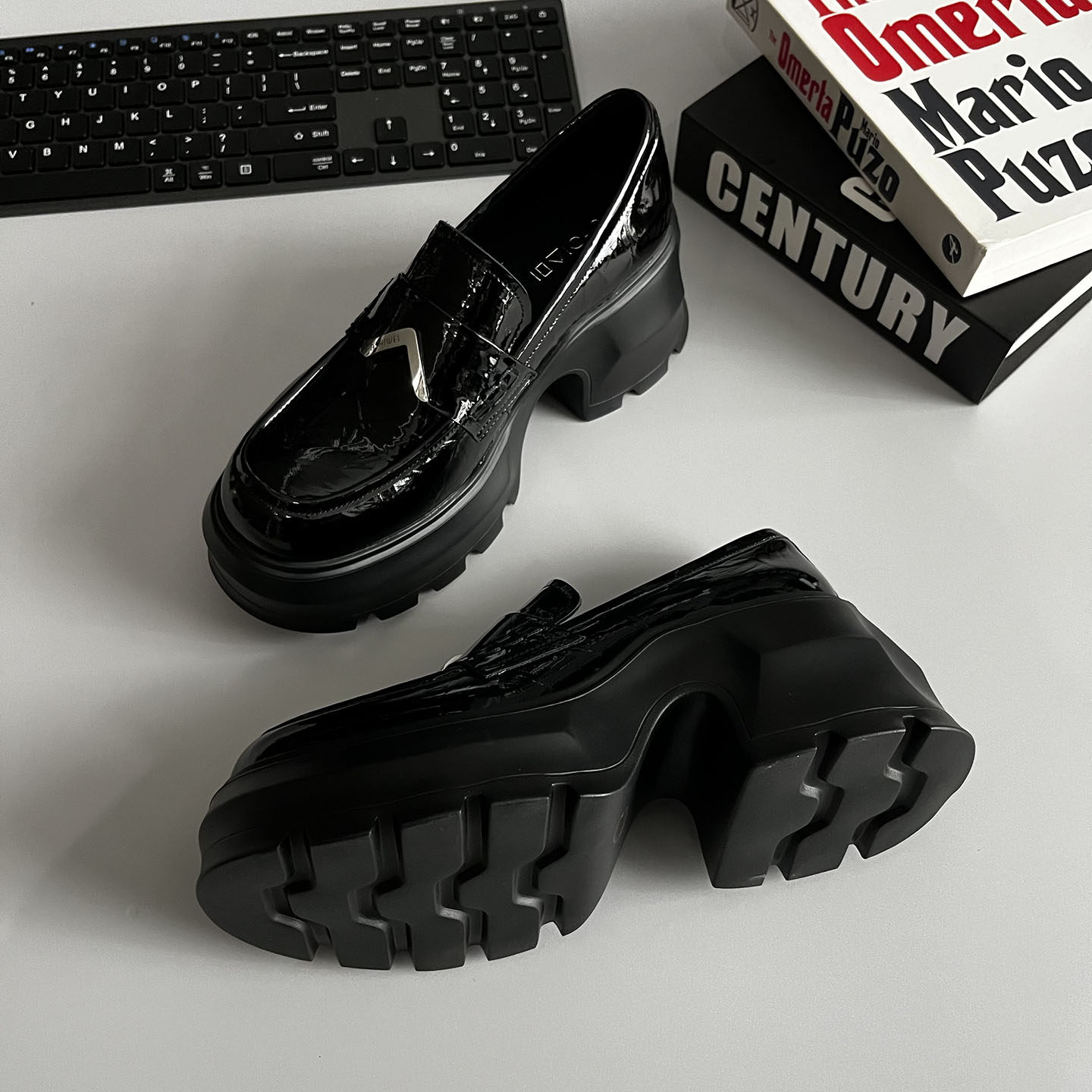 爱诗薇极简风厚底增高真皮英伦乐福鞋 黑色亮面一脚蹬小皮鞋,女鞋,乐福鞋（豆豆鞋）,淘宝优惠券,粉丝福利购,淘宝优惠卷