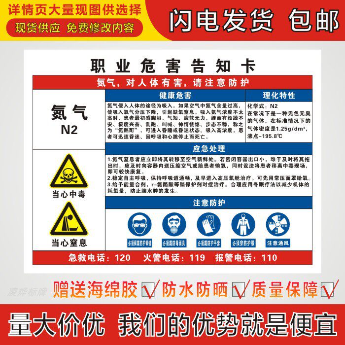 氮气职业病危害周知卡提示牌