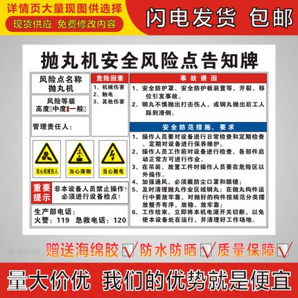 抛丸机安全风险点告知牌电力机械机床消防岗位警示牌危险源标识牌