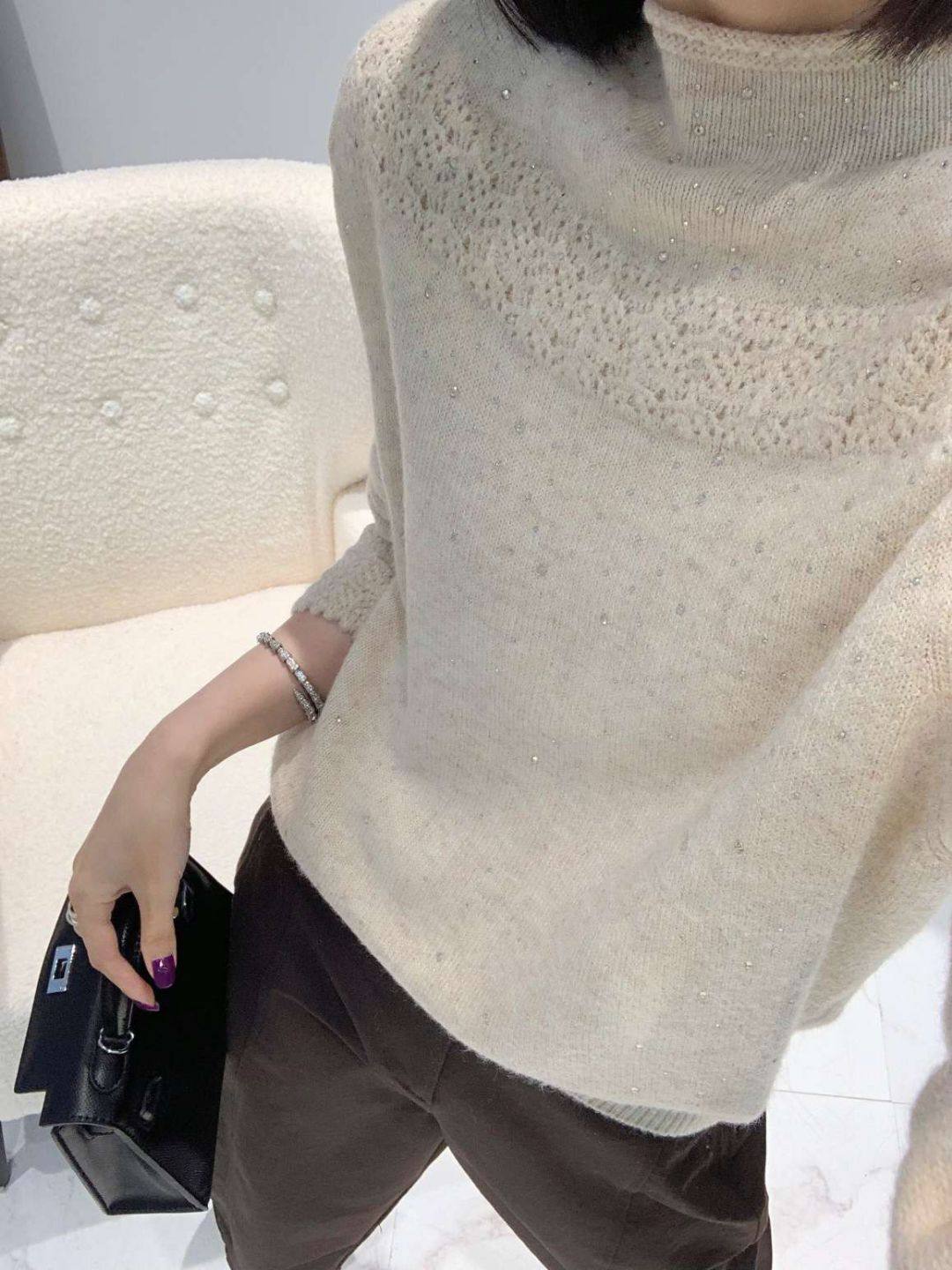 秋冬韩版宽松显瘦百搭纯色烫钻高领针织衫女毛衣打底外穿上衣钩花