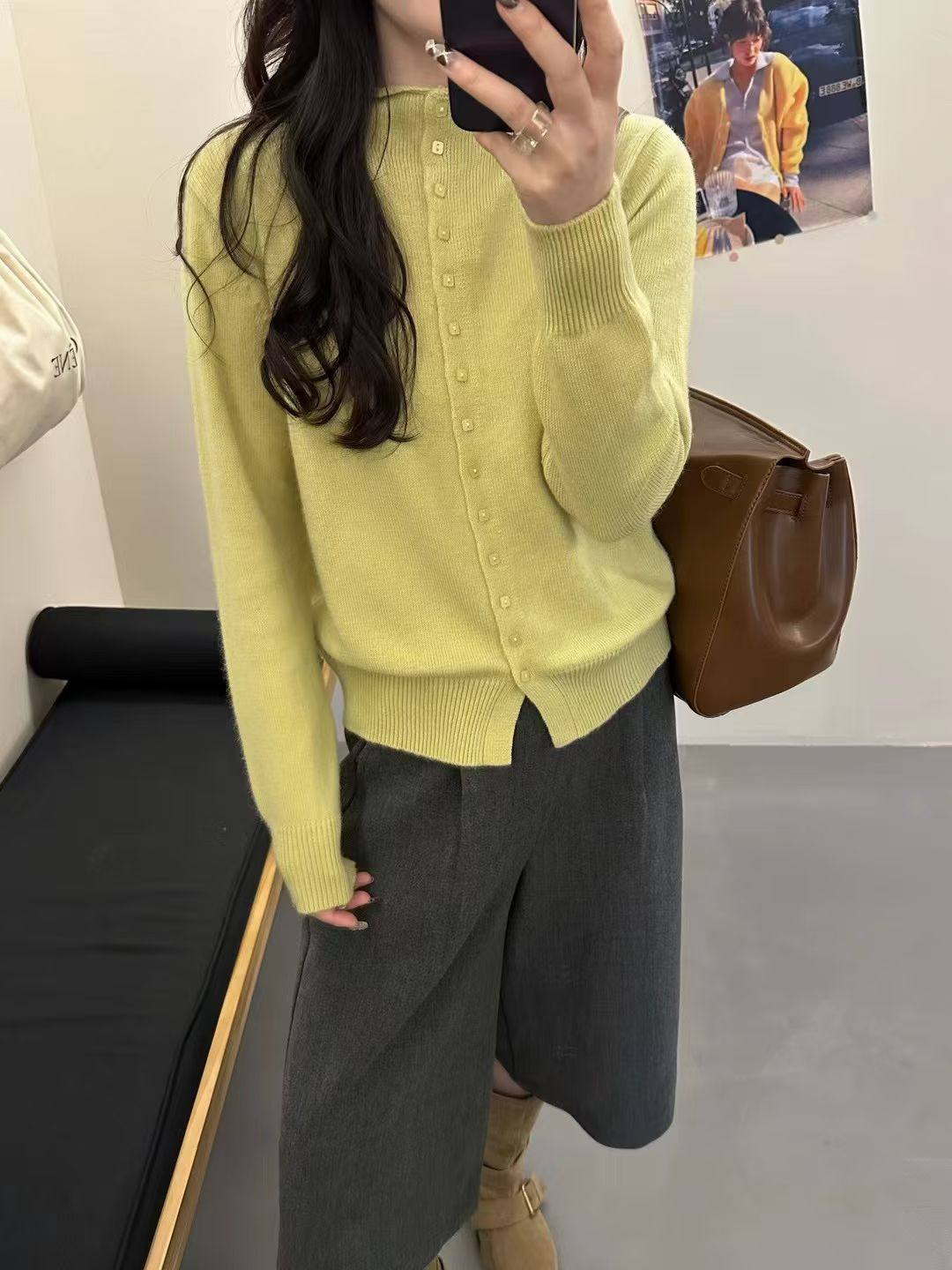 韩系方扣立领百搭多色长袖针织开衫女宽松显瘦毛衣外套上衣开衫