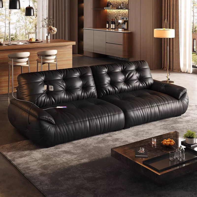 云朵沙发意式极简大小户型现代简约头层牛皮直排黑色真皮沙发客厅
