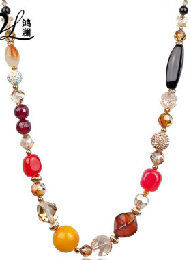 水晶多彩玛瑙毛衣链女长款百搭大气个性韩国配饰挂饰项链秋冬挂件