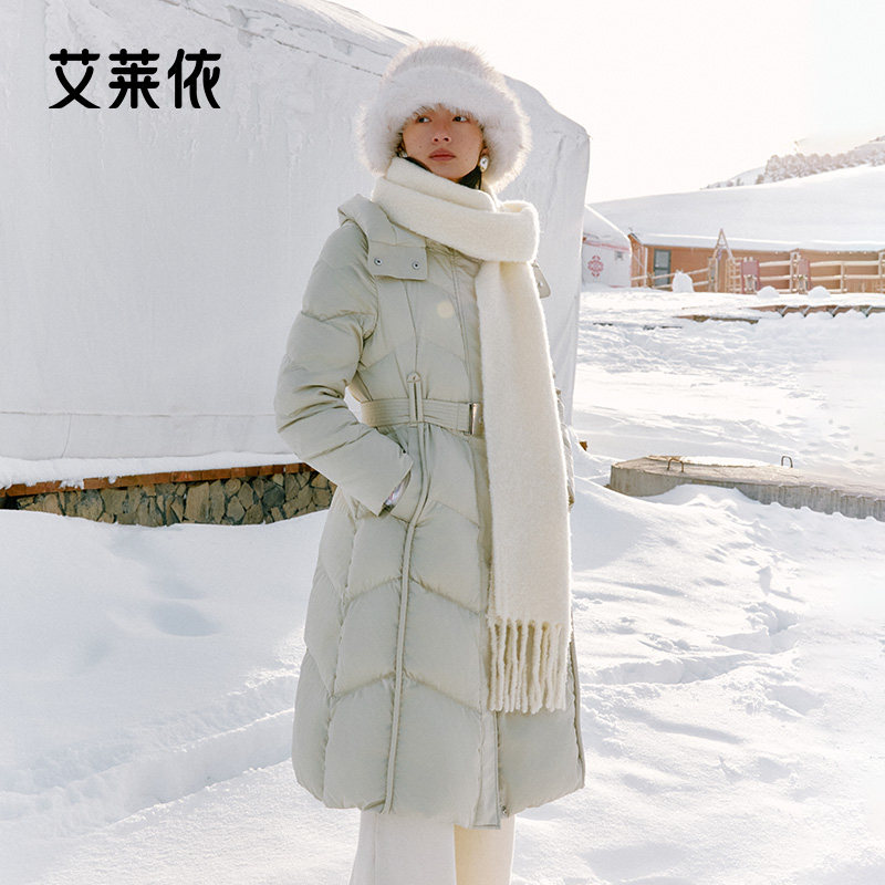 【达人专属】艾莱依收腰长款羽绒服新款极简系带连帽气质时尚外套