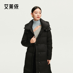 艾莱依商场同款冬季新品简约盘结腰带羽绒服时尚长款连帽中式外套
