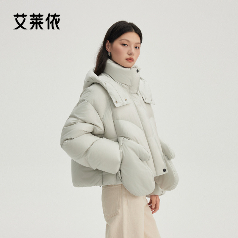 艾莱依短款羽绒服新款可脱卸手套连帽设计感时尚鸭绒保暖简约外套