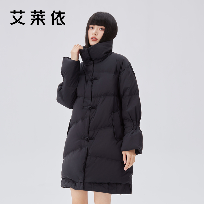 【直播专享】艾莱依国风盘扣羽绒服女长款2022新款收褶设计冬外套