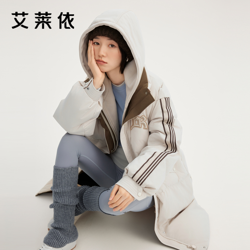 艾莱依新款羽绒是美式假两件加长款大衣休闲运动街头时尚保暖外套