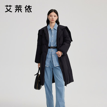 艾莱依时尚羽绒服新款极简造型连帽长款大衣外套设计感保暖显气质