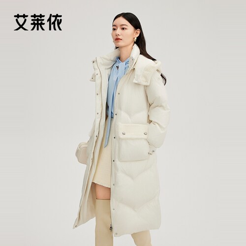 艾莱依小香风长款羽绒服新款精致轻奢连帽大衣外套收腰气质高级感
