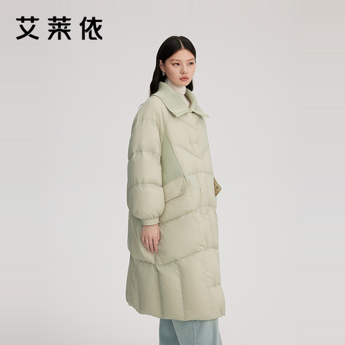 艾莱依长款羽绒服针织翻领大衣