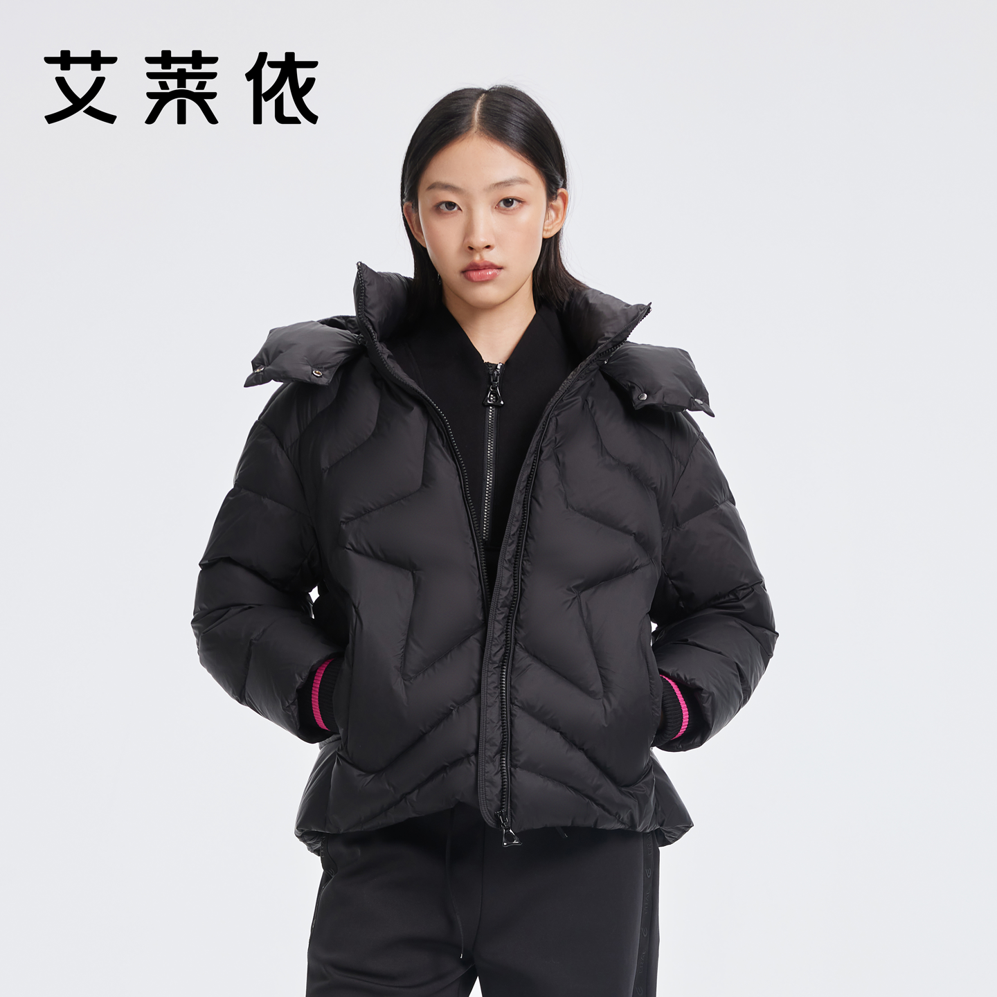 艾莱依撞色罗纹秋冬羽绒服商场同款星星绗线显瘦短款秋冬外套女款