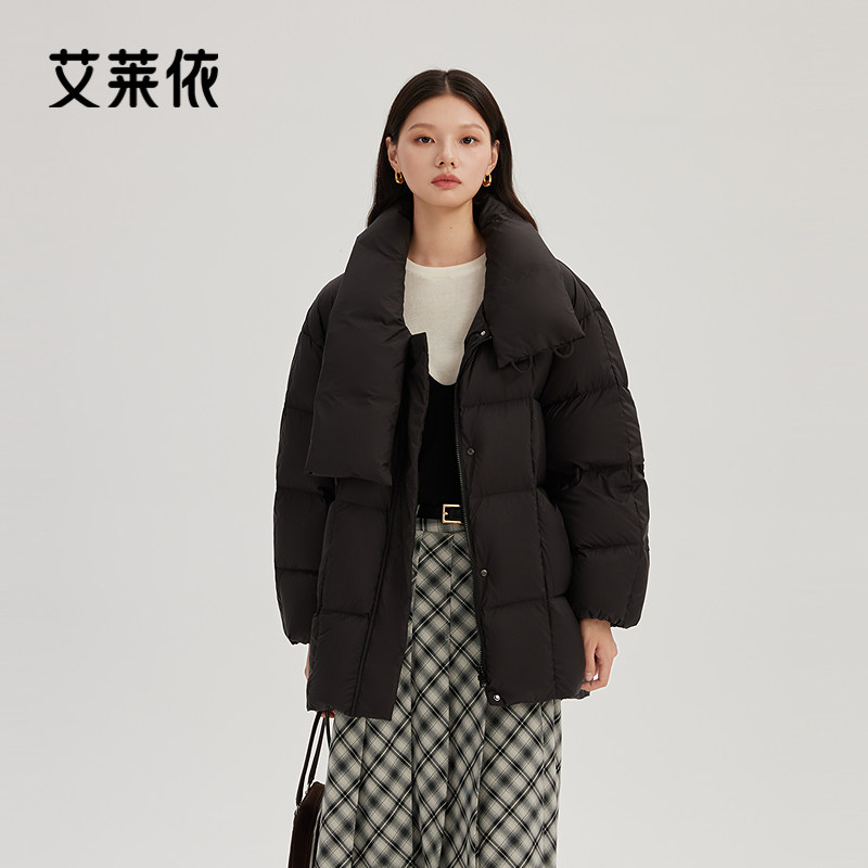 【达人专属】艾莱依女士羽绒服冬季围巾领温暖牛角扣质感鸭绒外套
