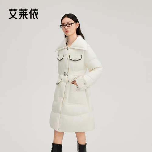 艾莱依新款小香风羽绒服翻领收腰气质长款大衣精致轻奢优雅外套女