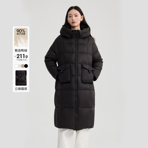 艾莱依宽松羽绒服女长款连帽外套