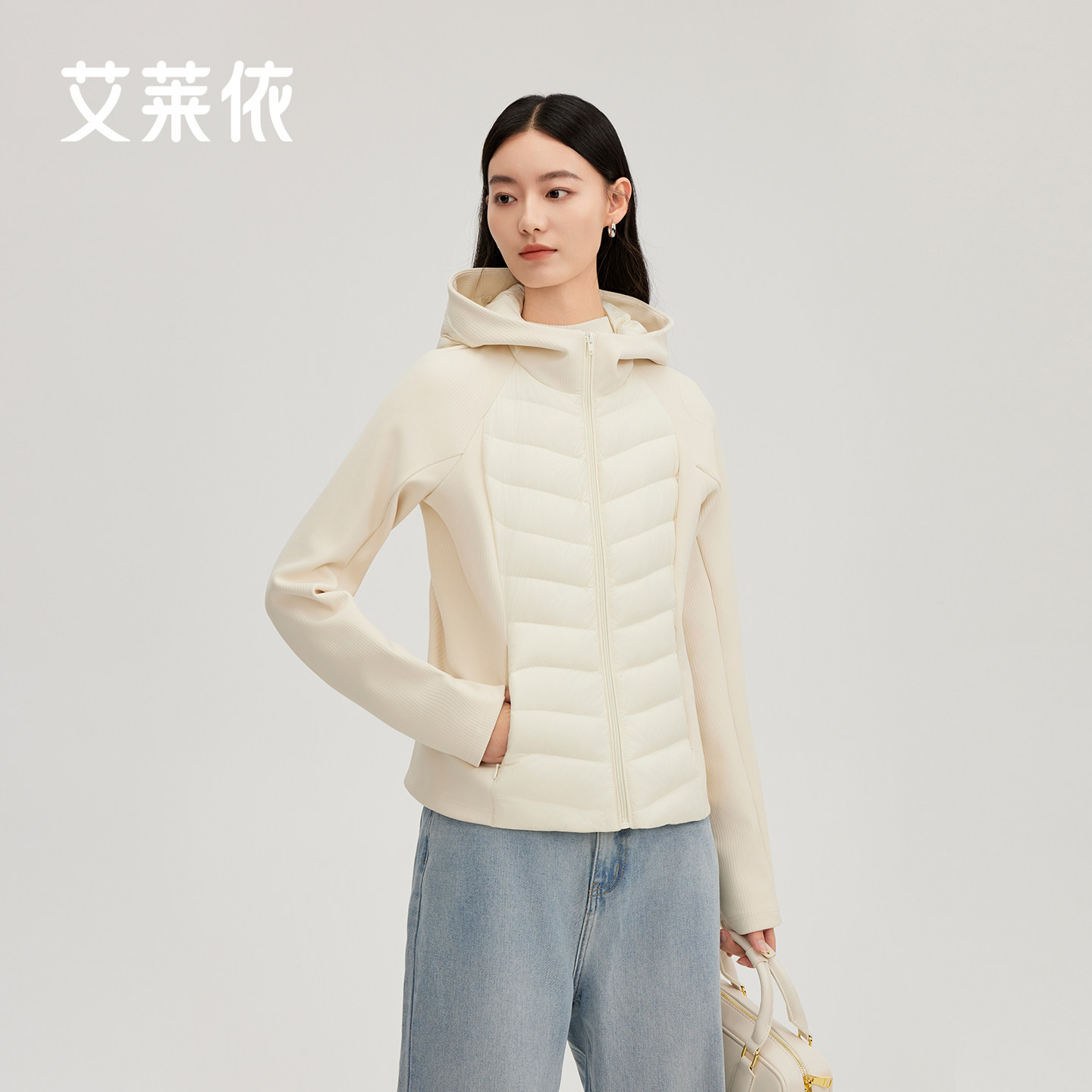 艾莱依轻薄羽绒服新款修身显瘦拼接连帽内搭秋冬搭配鸭绒保暖外套图片