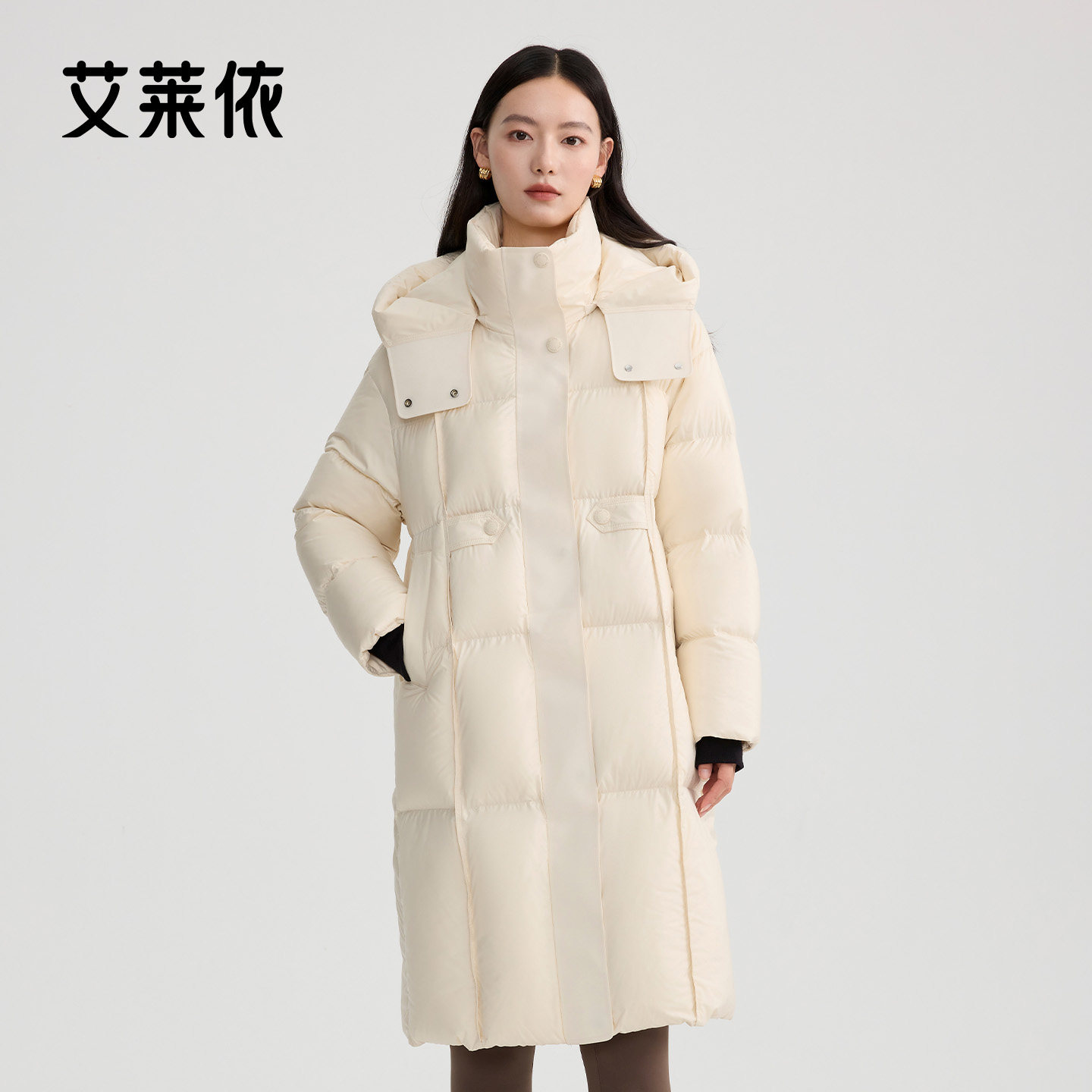 艾莱依羽绒服女冬新款大衣连帽简约时尚鸭绒保暖长款泡芙舒适外套