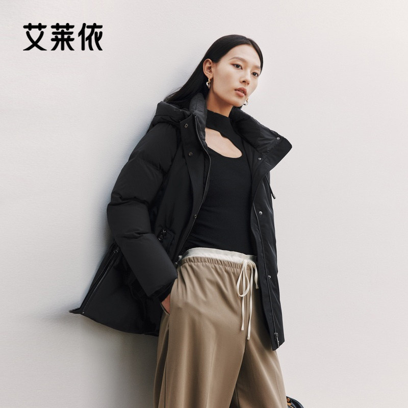 艾莱依致感鹅绒羽绒服女新款拼接加厚保暖连帽大衣简约高级感外套