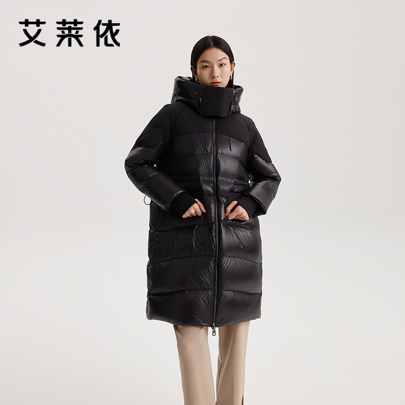 艾莱依酷飒曲格羽绒服连帽设计防风保暖时尚口袋简约大气长款外套