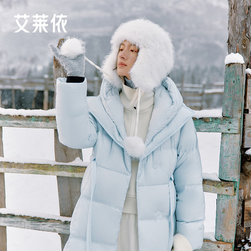 艾莱依致感收腰鹅绒羽绒服新款时尚松弛感连帽腰带西装领外套保暖