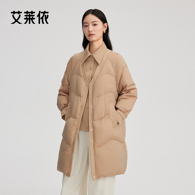 艾莱依长款羽绒服冬季女新款拼接简约百搭大衣假两件保暖外套反季