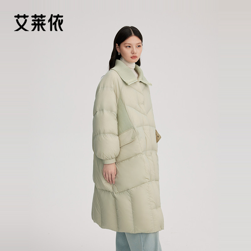 艾莱依长款羽绒服新款针织拼接翻领大衣简约时尚保暖百搭通勤外套