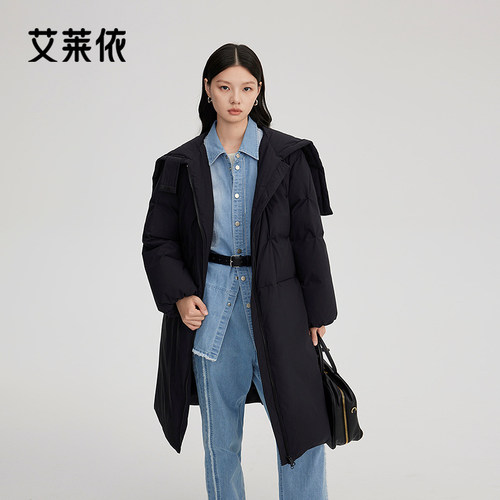 艾莱依时尚羽绒新款极简造型连帽长款大衣外套设计感保暖百搭外套