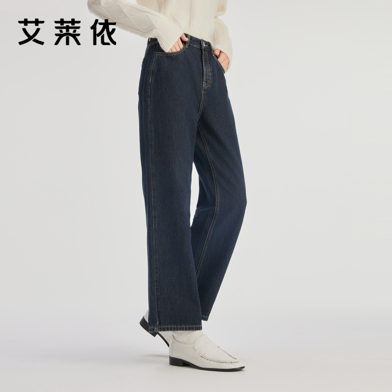 艾莱依简约休闲牛仔裤新款直筒宽松高腰显腿长百搭潮流时尚裤子
