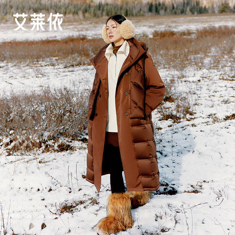 艾莱依长款连帽高端收腰鹅绒服女图片