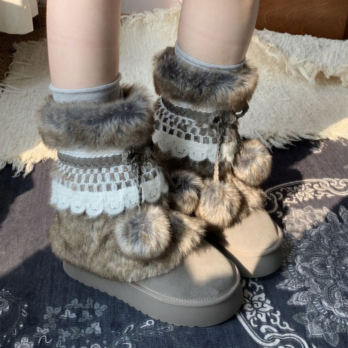 复古厚底棕色靴子加绒短靴女款2025冬季保暖毛毛鞋新款雪地靴