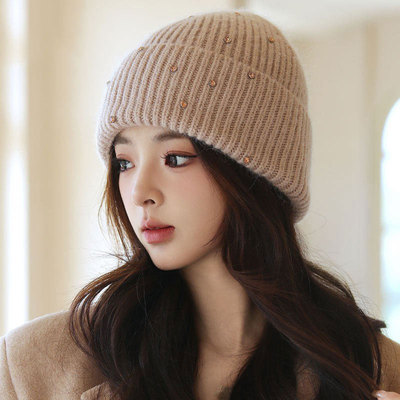 韩国小香风轻奢彩钻针织帽子女冬季温柔仙女保暖毛须帽 hat wowen