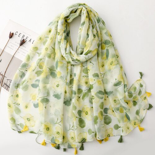小清新春夏文艺围巾外贸青柠黄绿植物印花流苏丝巾旅游披肩 scarf