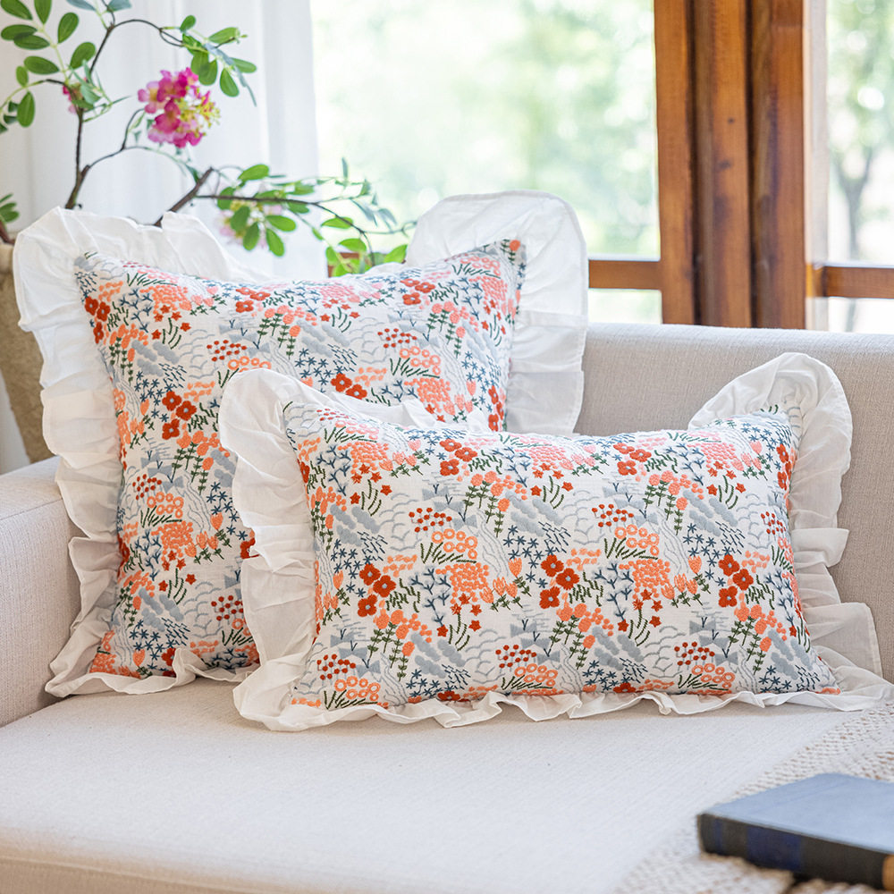 田园小清新客厅沙发靠垫纯棉刺绣民宿飘窗靠背枕套花边流苏抱枕套