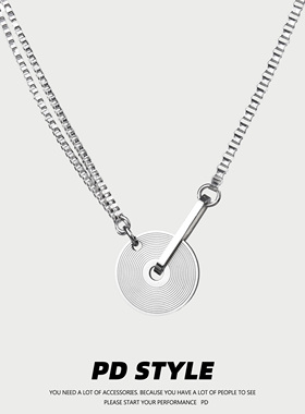 PD STYLE简约风黑胶唱片双链条钛钢项链小众百搭男女生个性吊坠潮