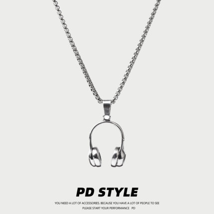 PDSTYLE 王嘉尔同款复古耳机项链男女生钛钢嘻哈毛衣链吊坠不掉色