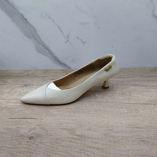 真皮女鞋优雅白色尖头浅口单鞋中跟百搭通勤鞋头层牛皮时尚女单鞋