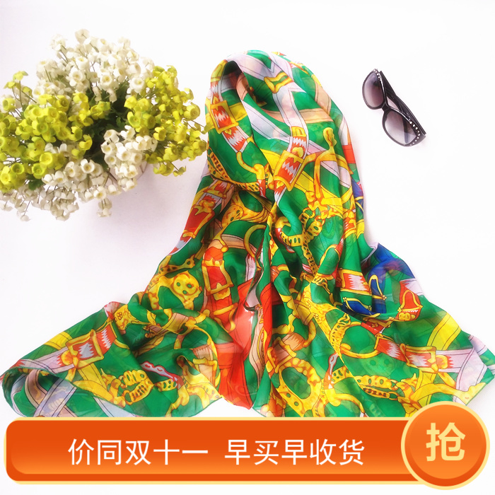 欧美古典绿色印花桑蚕丝巾方巾披肩纱巾春夏女新款长真丝薄围巾