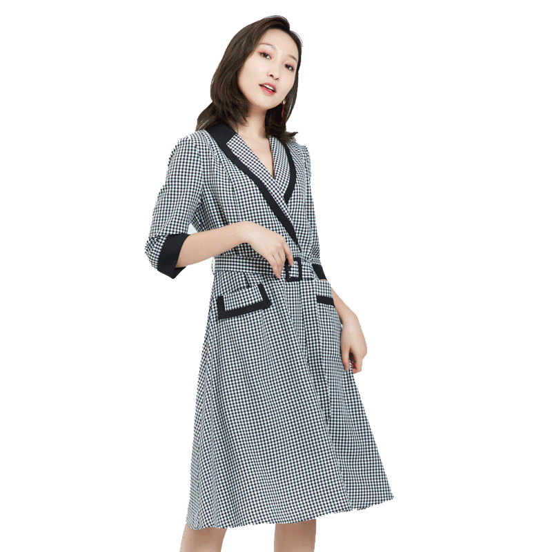 ZORANZI庄子春夏女气质中长款连衣裙千鸟格修身显瘦A字裙WDO12123