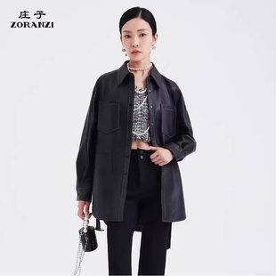 ZORANZI 庄子女装秋季黑色绵羊皮皮衣女休闲翻领皮外套LWBAU334D