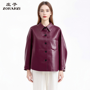 ZORANZI 庄子女装酒红色山羊皮皮衣女单排扣长袖皮外套LWOAU502D