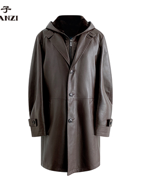 ZORANZI 庄子男装中长款连帽皮衣男士棕色绵羊皮皮衣LMRC8777