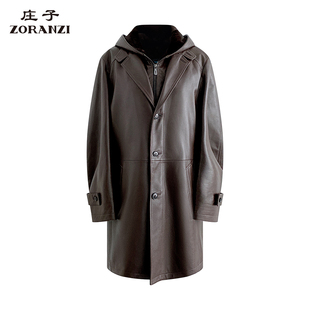 ZORANZI 庄子男装中长款连帽皮衣男士棕色绵羊皮皮衣LMRC8777