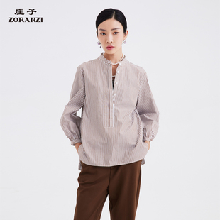 ZORANZI庄子女春秋宽松休闲百搭立领长袖 WBS3176D 棉质竖条纹衬衫