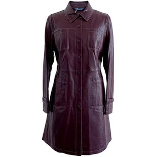 ZORANZI庄子女春秋气质通勤皮衣中长款酒红色系带皮外套LWJA1302