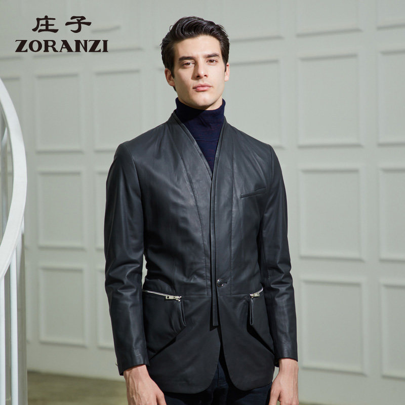 ZORANZI绵羊皮庄子男春秋简约休闲V领皮衣修身西服皮外套LMA12767