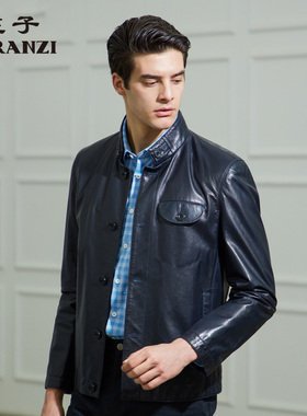 ZORANZI羊皮皮衣庄子男装商务休闲立领单排扣皮夹克外套LMQ10757