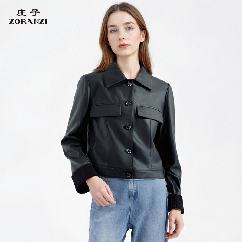 庄子女黑色短款单排扣皮衣